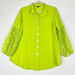 John Mark Wire Collar Crochet Button Up Tunic Size Medium Lime Green Solid